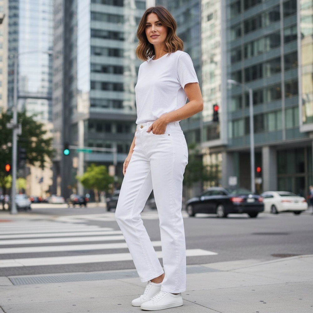 Rich & Skinny Women's Crisp White Jeans Straight Leg Mid-Rise Size-28 EUC